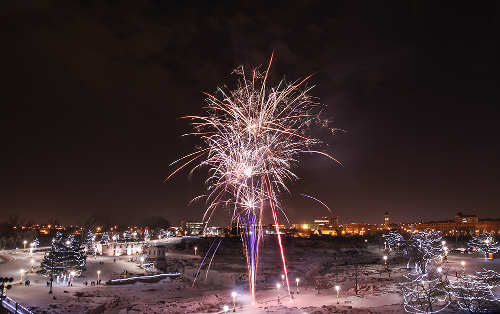 fireworks going off at winter wonderland at the falls