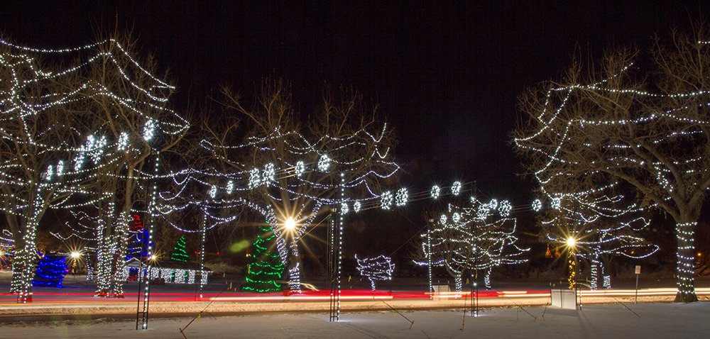 christmas lights lighting up the falls